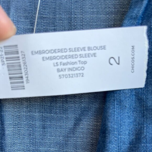 Chico’s Blouse Embroidered-Sleeves V-neck Lightweight Denim Blue 2 =12-14 NWT - Picture 9 of 12